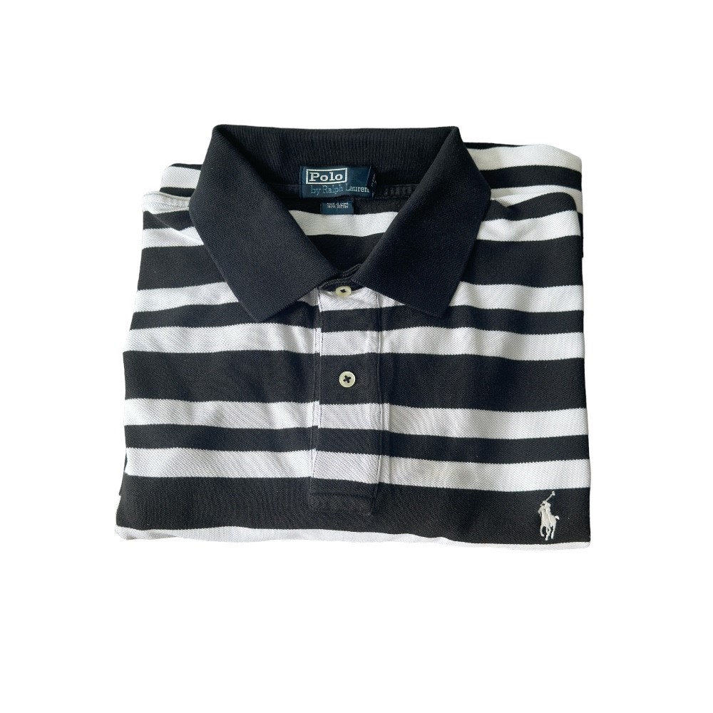 Polo by Ralph Lauren Black & White Striped Men's Short Sleeve White Pony Logo Shirt | Size 2XLT Tall