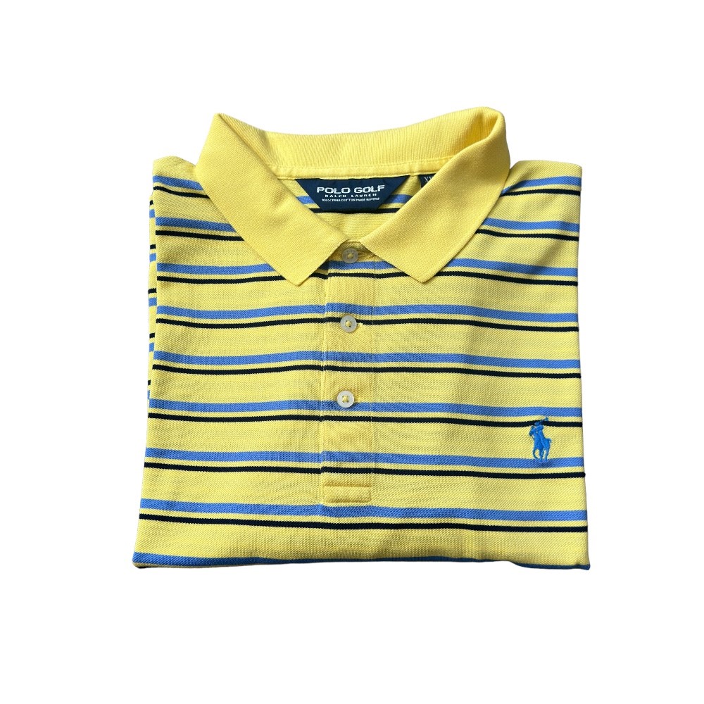 Polo Golf Ralph Lauren Yellow/Dk. Blue/Light Blue Striped Short Sleeve Yellow Light Blue Logo Shirt | Size XXL