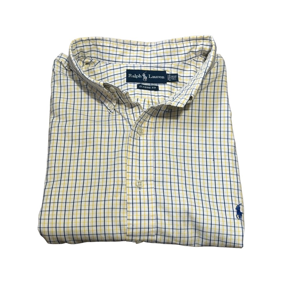 Ralph Lauren Classic Fit Plaid (Yellow/White/Navy) Oxford Button Down Men's Shirt | Size 2XL Tall